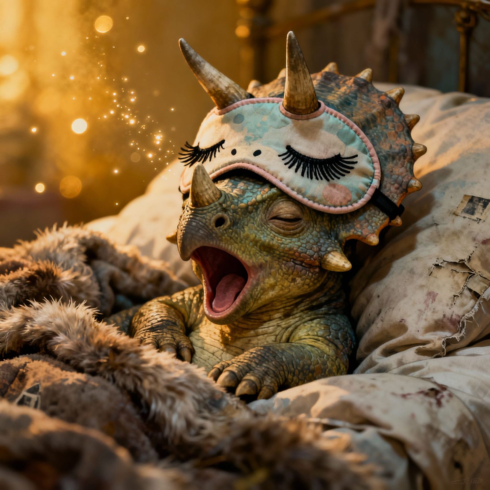 Baby Triceratops in Cozy Bed with Sleep Mask