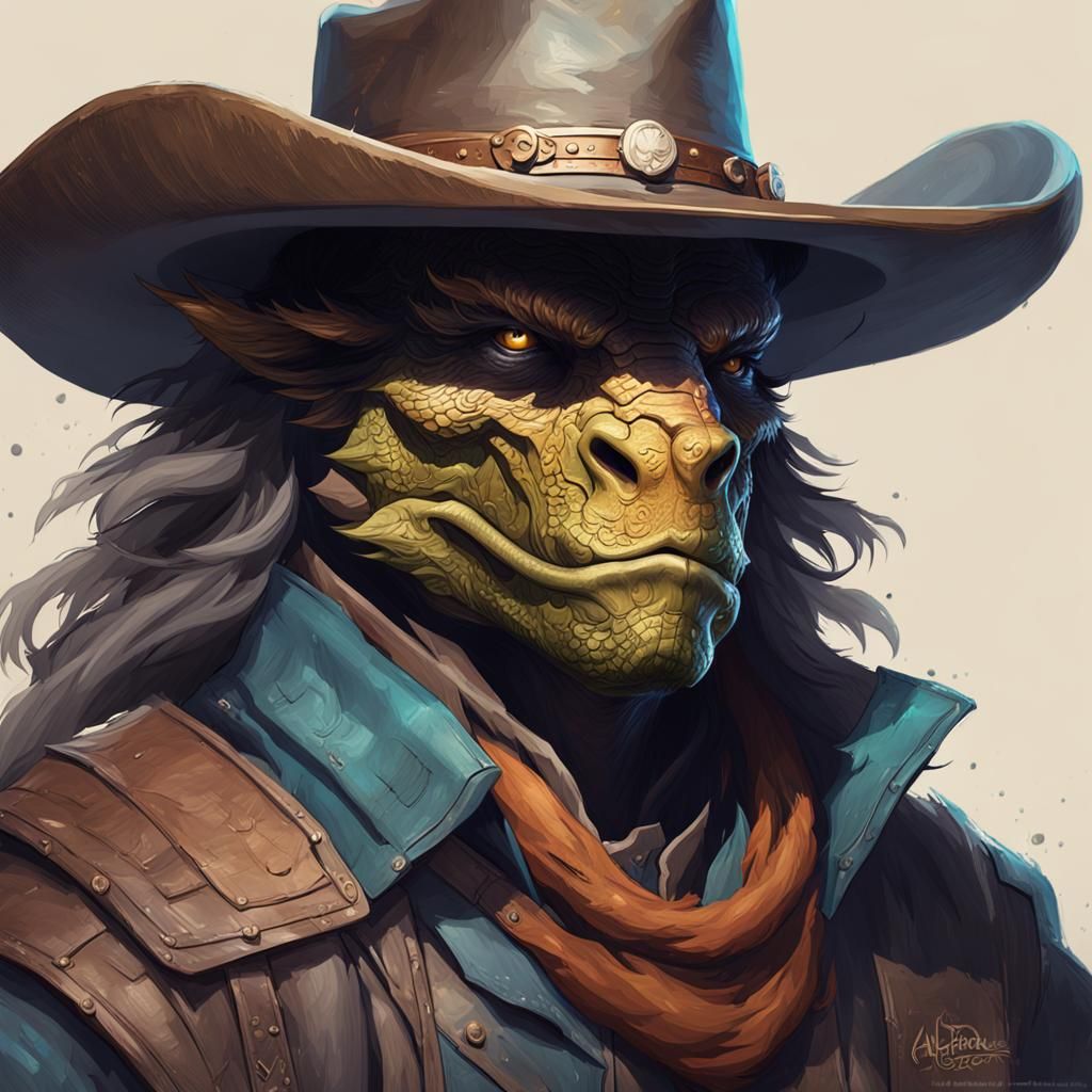 Dragonborn Cowboy Portrait in Art Nouveau Style