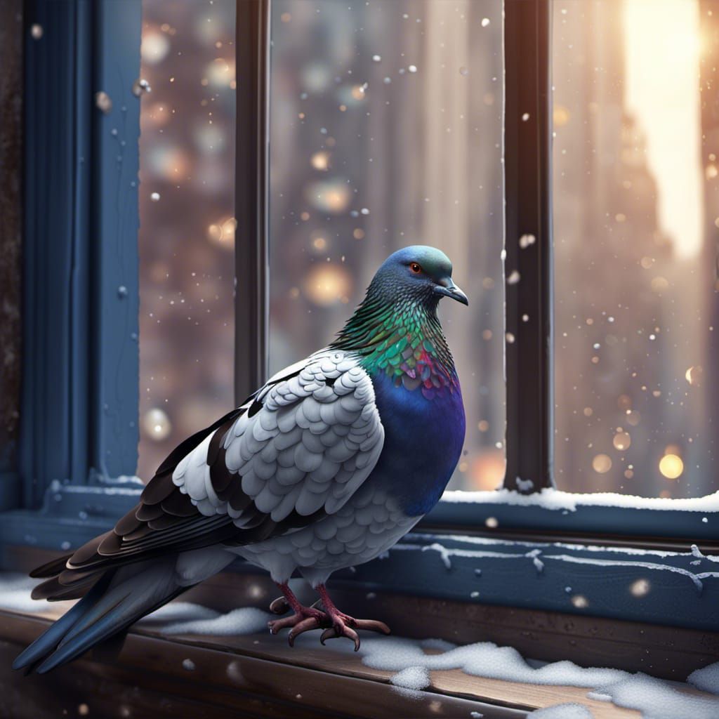 Pigeon with Blue Ribbon on Snowy Windowsill