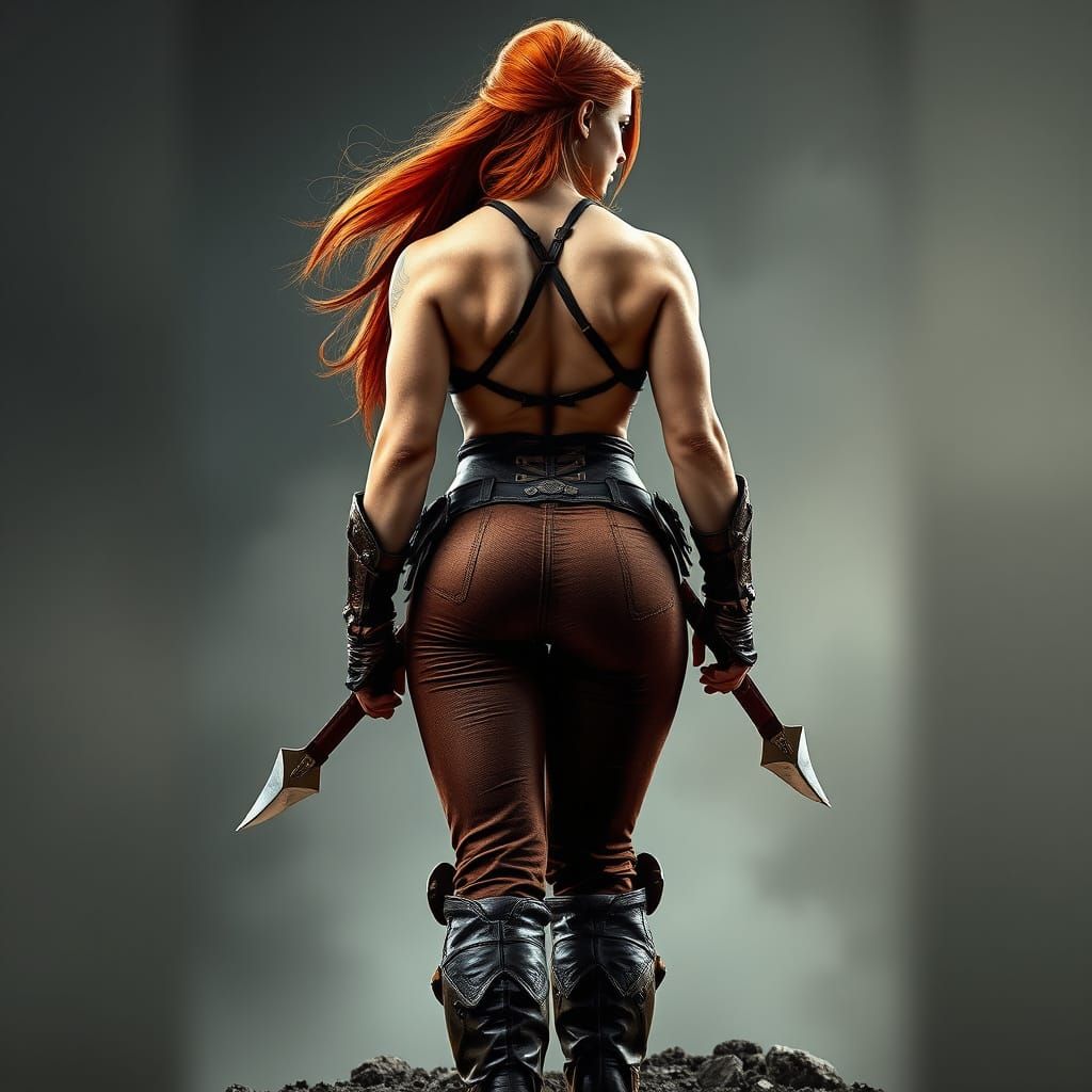 Sensual Rear View of a Muscular Female Warrior in Tight Brow...