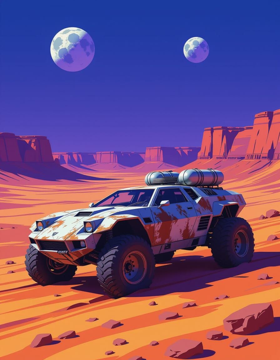 Retro-Futuristic Explorer Car on Alien Desert Edge