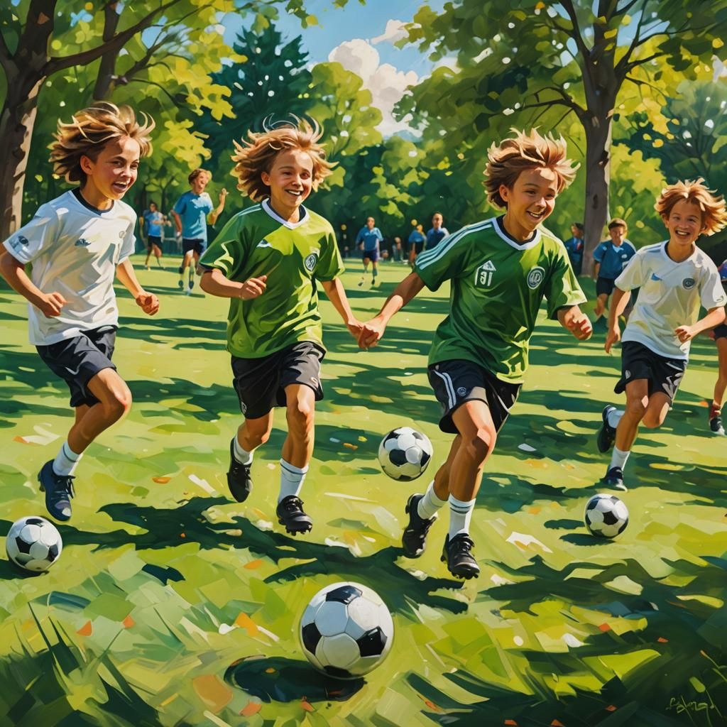 Kids Playing Soccer in Park: Oil Painting