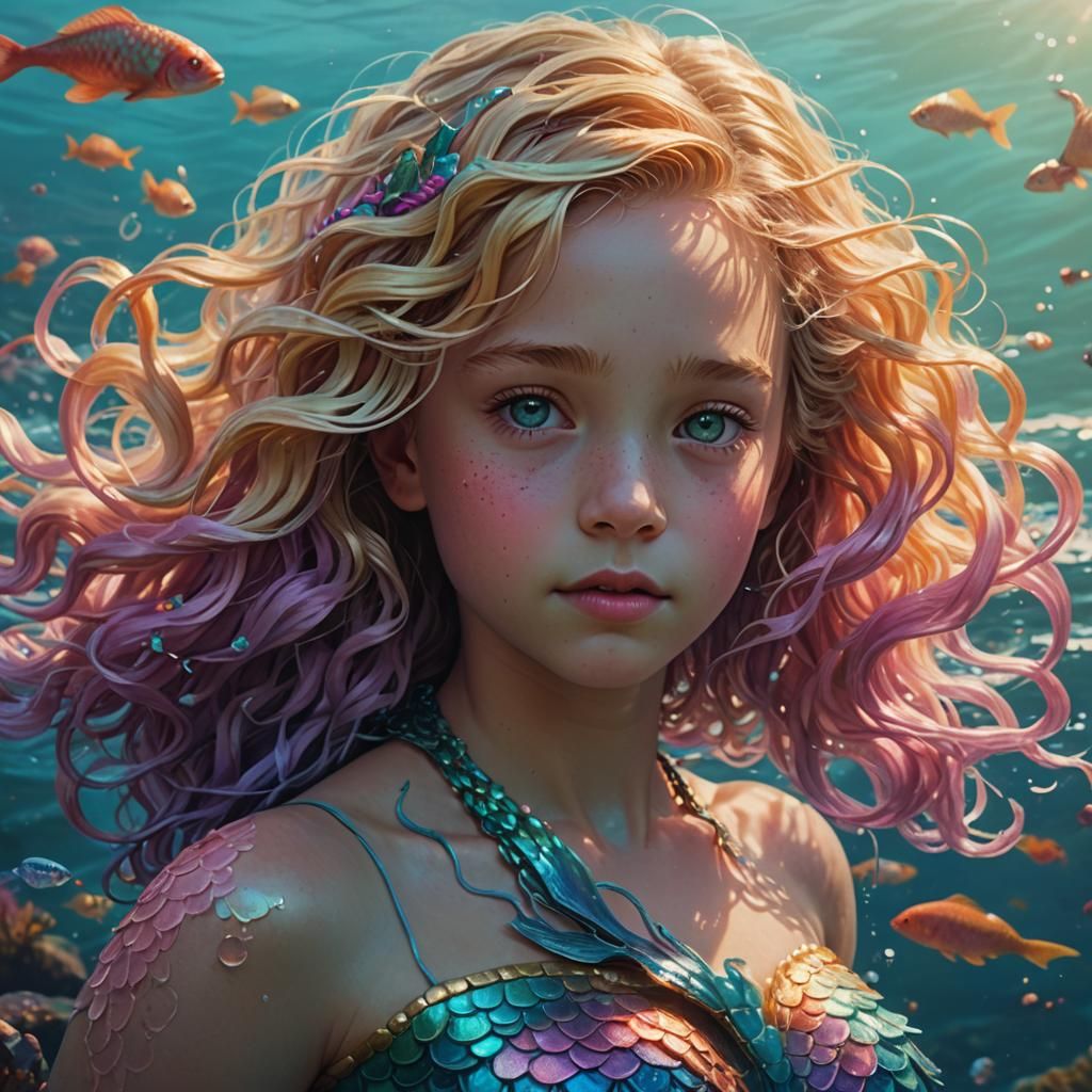 Blonde Mermaid in Sunlit Coral Reef, Digital Painting