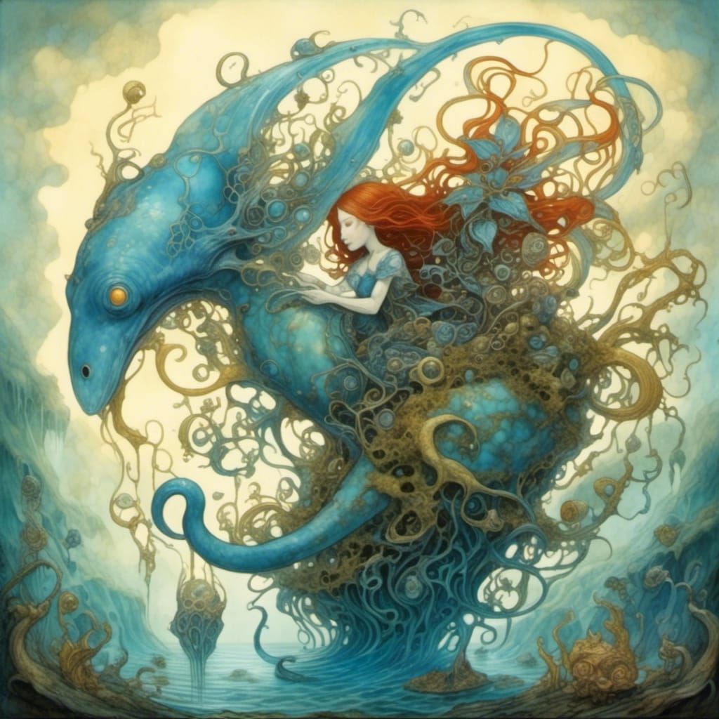 Surreal Blue Whale in Fantasy Ocean, Alcohol Ink Style