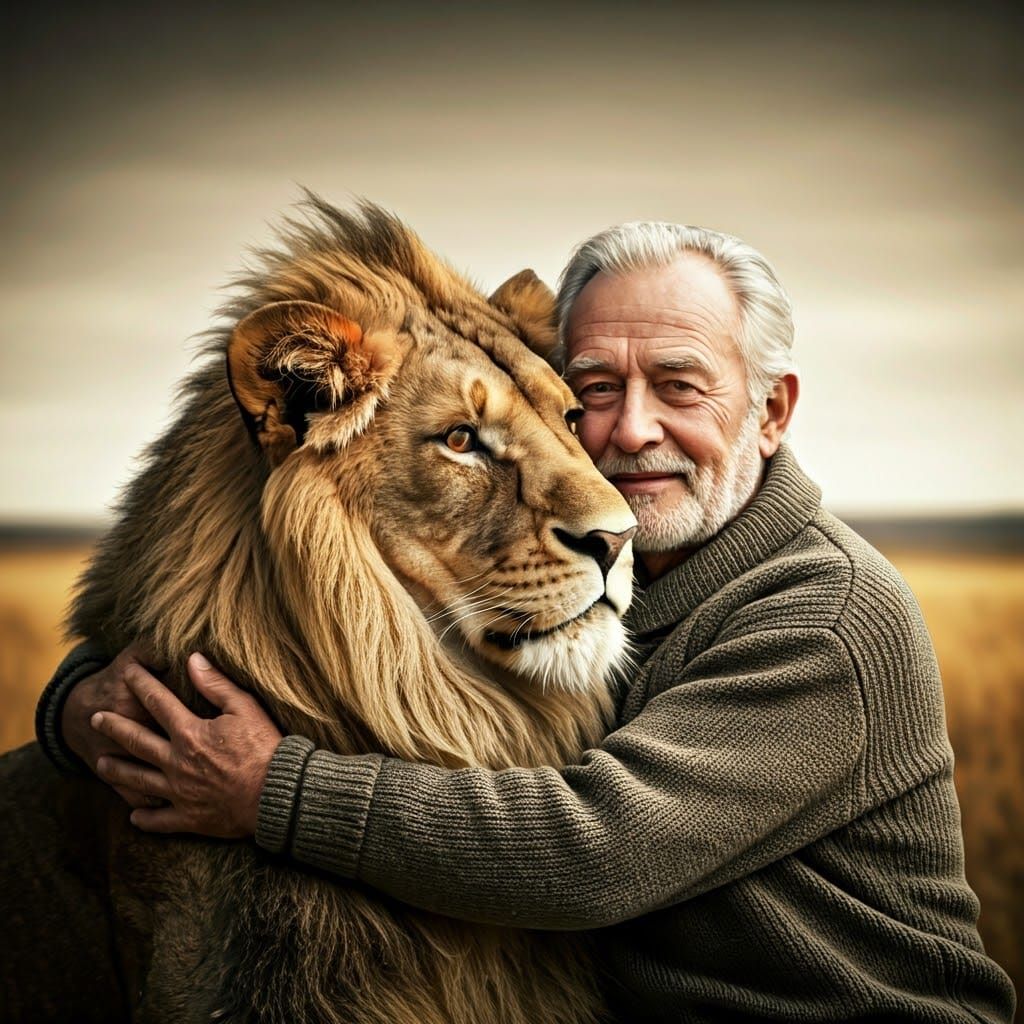 Elderly Man Embracing a Majestic Lion in Warm Cinematic Ligh...