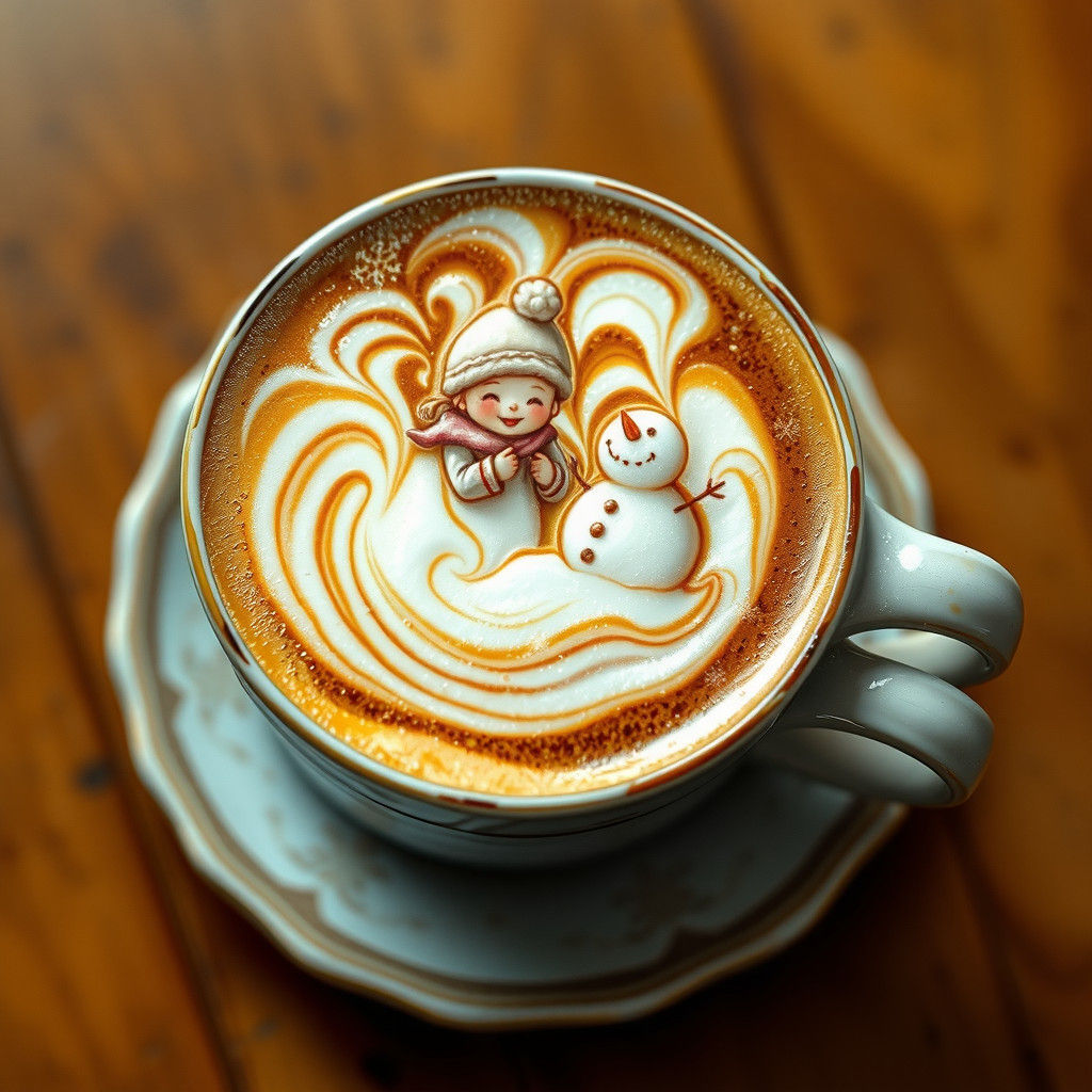 Latte Art Snowman Scene in Dreamy Surreal Style