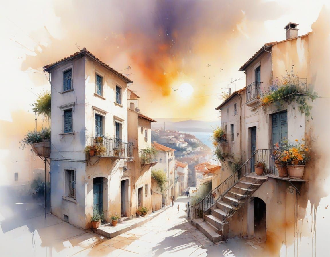 Pastel Houses on Cobblestone Street at Sunset