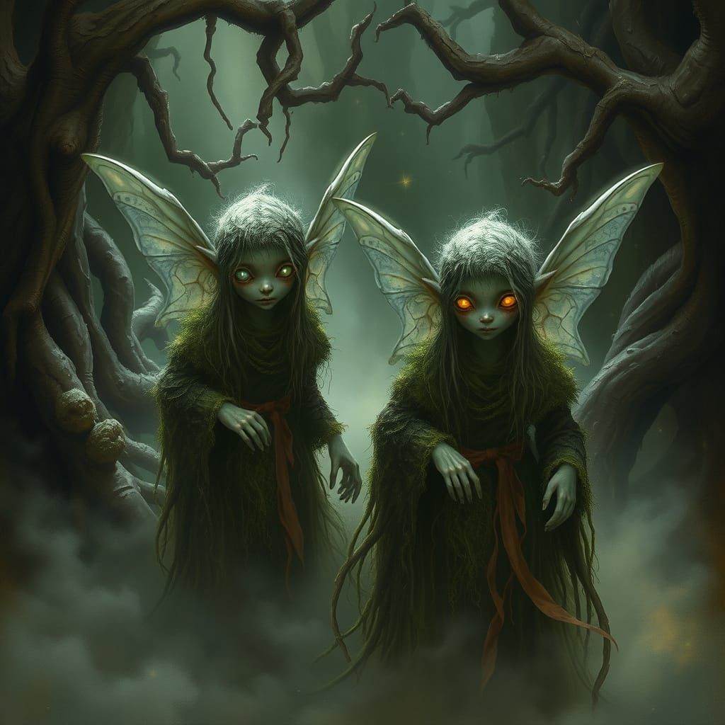Mystical Fae Creatures in a Dark Enchanted Forest