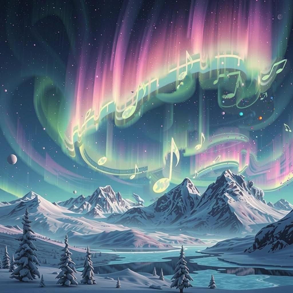 Musical Notes Dance in a Neon Fantasy Landscape