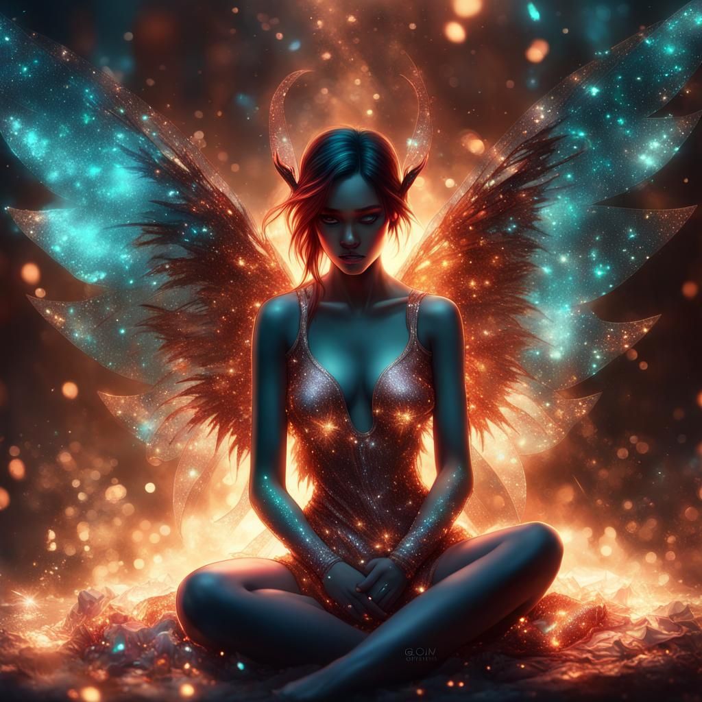 Fiery Angelic Demon in Sparkling Flames