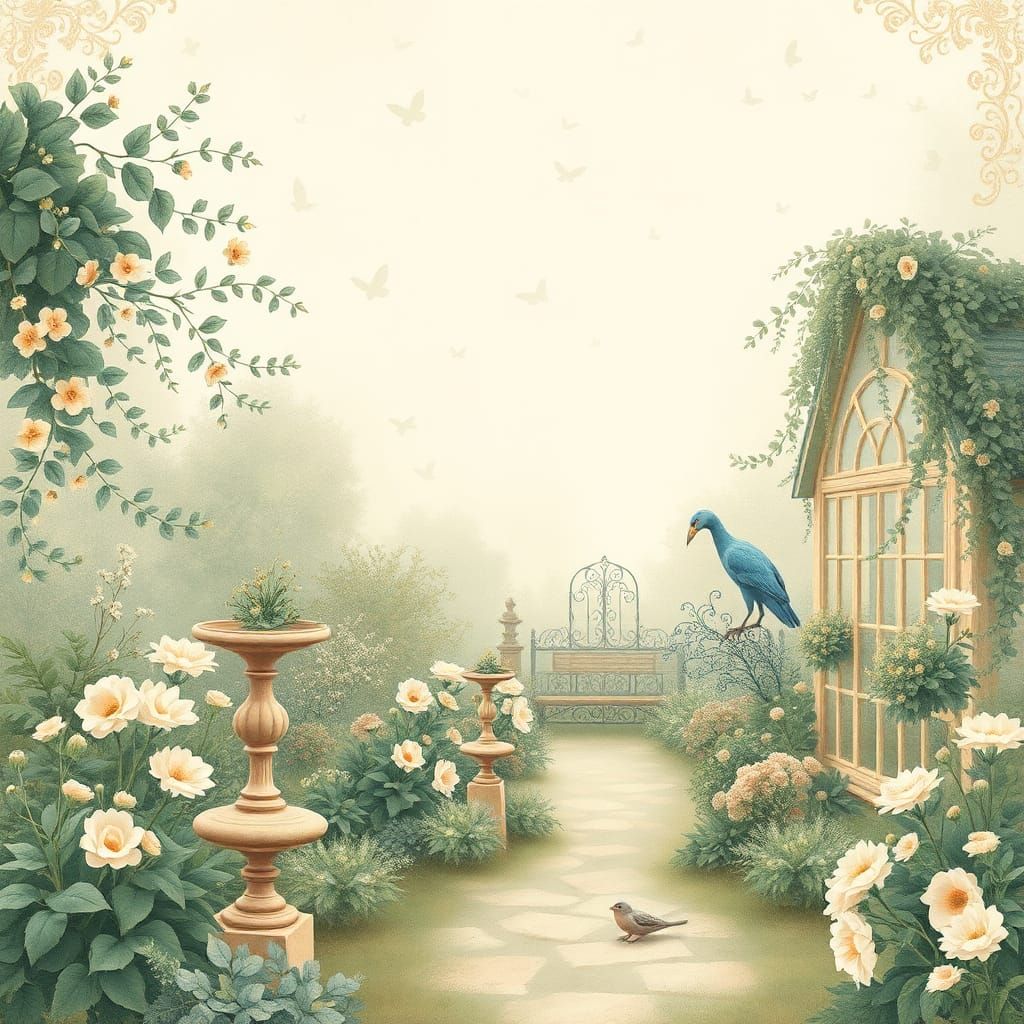 Whimsical Victorian Garden Scene in Pastel Hues