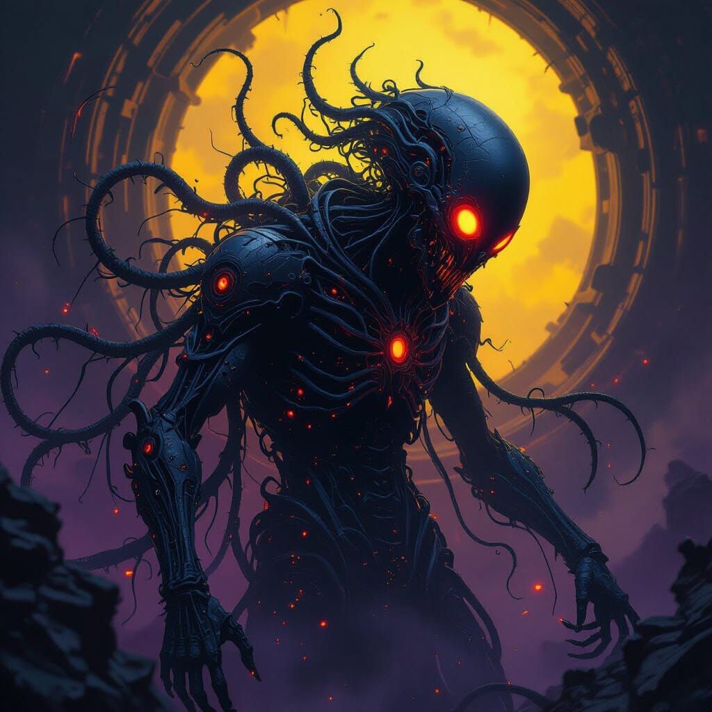 Eldritch Biomechanical Horror in Dark Futuristic Realm