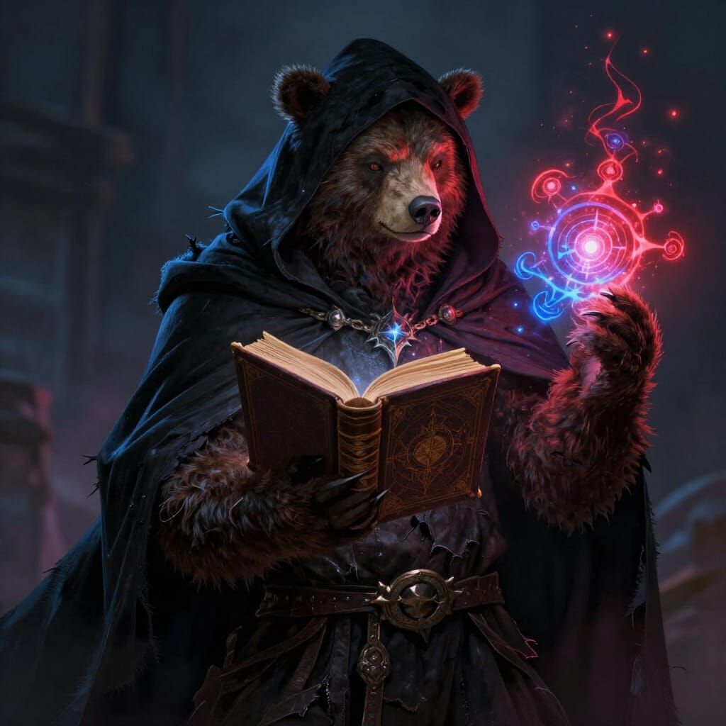 Wizard Bear Conjuring Magic in Tattered Cape