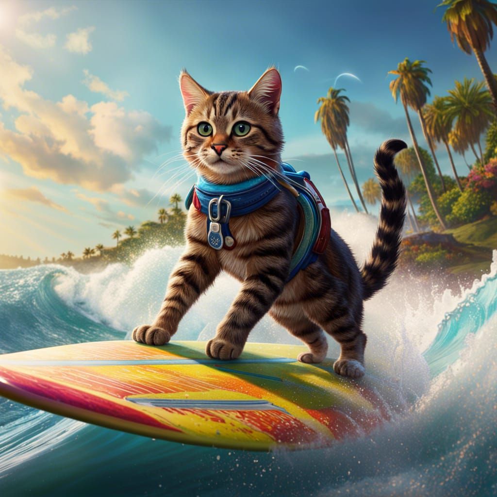 Hyperrealistic Cat Surfing Epic Wave in Detailed Render