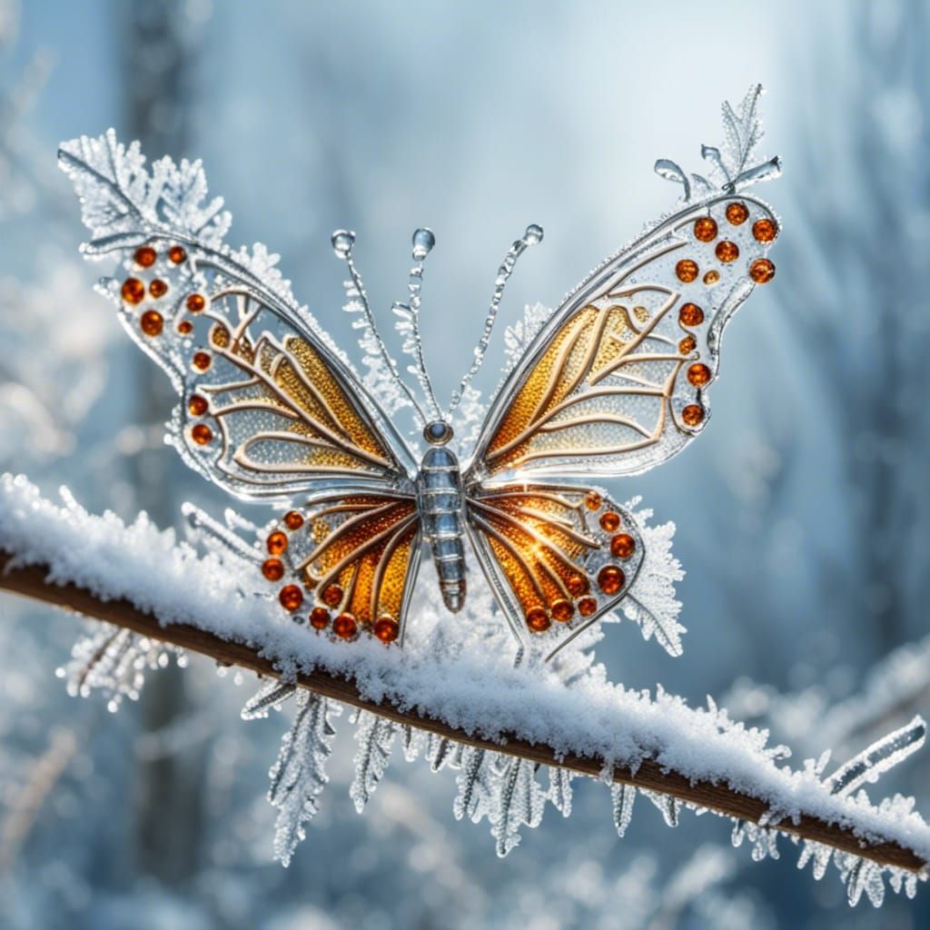 Icy Butterfly on Twig, a Frozen Scene