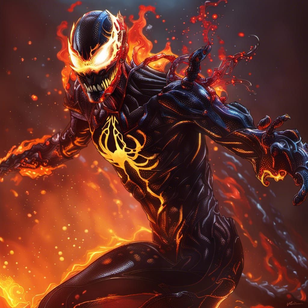 Hyperrealistic Fire Elemental Symbiote Suit Concept Art