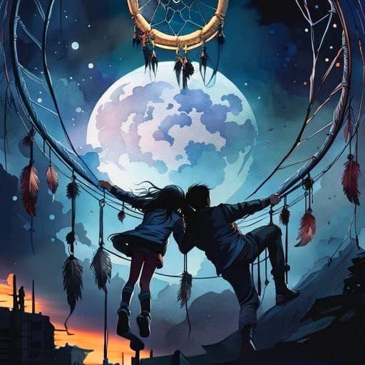 Noir Dreamcatcher Ascending Under Moonlight