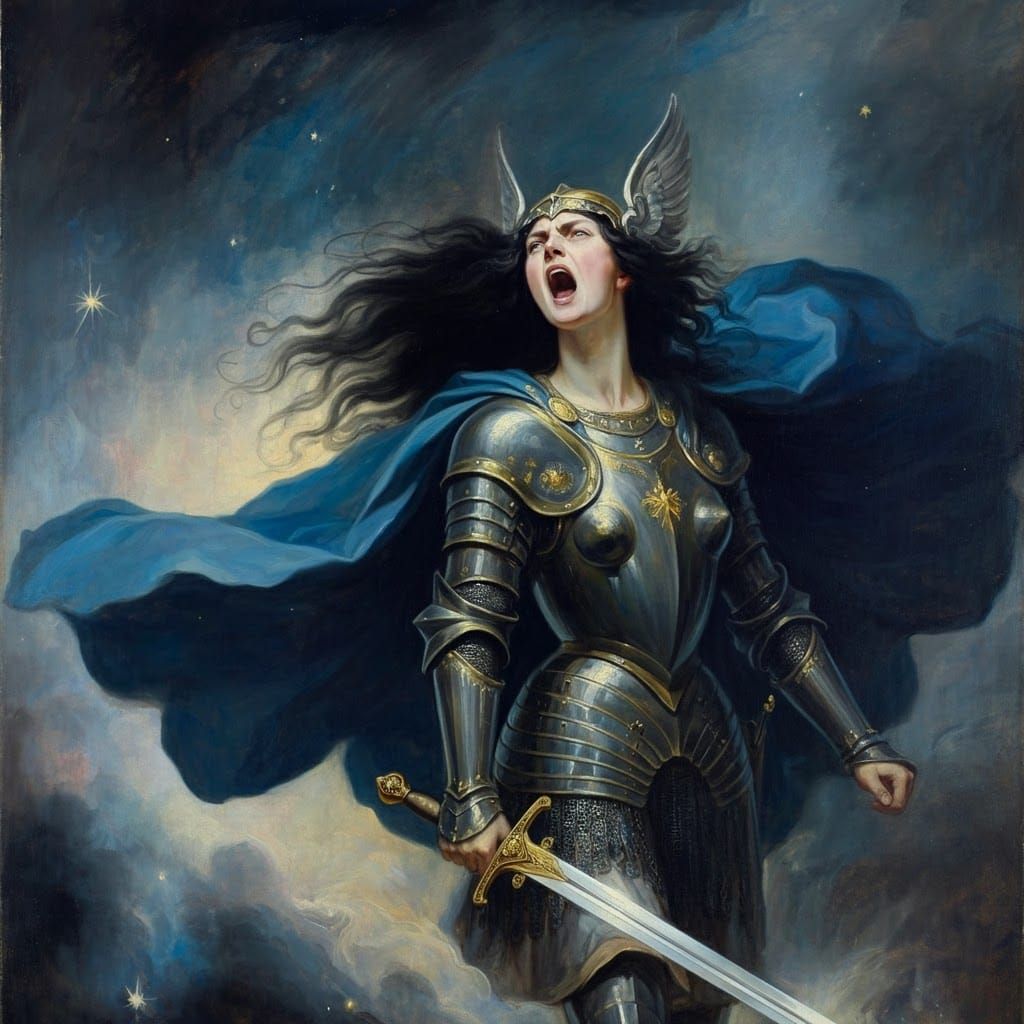 Dramatic Baroque Valkyrie in Watercolor Cosmos