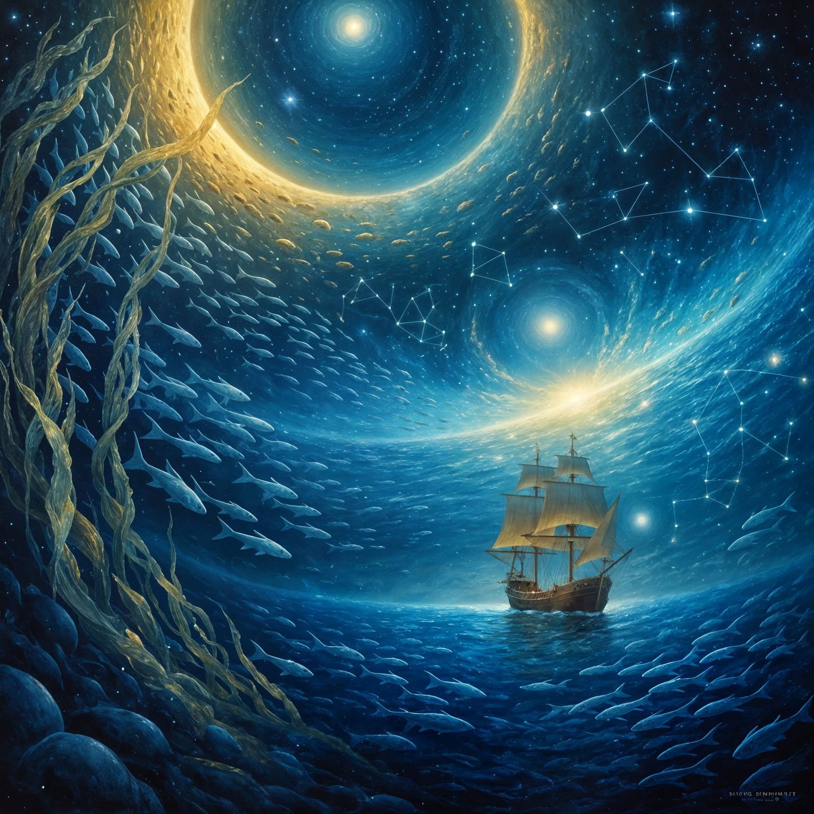 Cosmic Ocean with Starry Fish and Sailing Ship