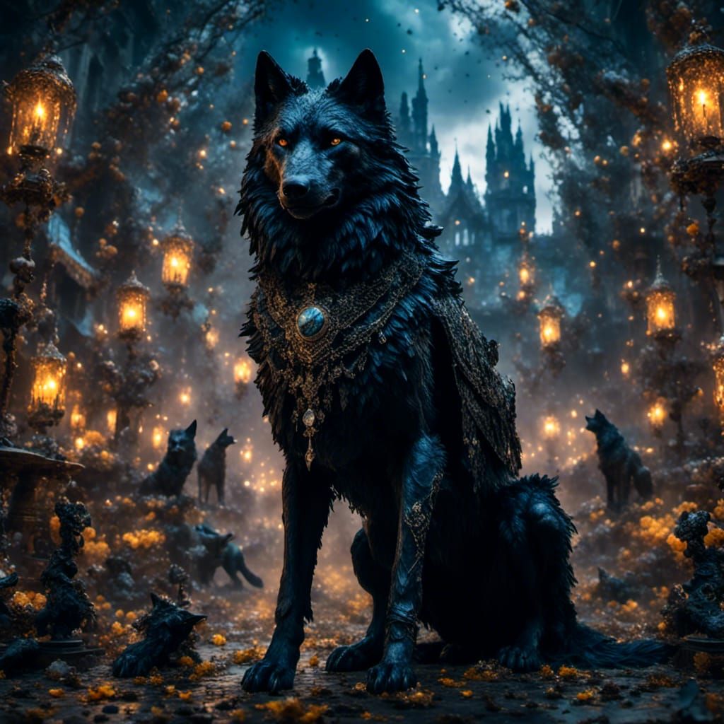 Hyperrealistic Fenrir with Gothic Goddess