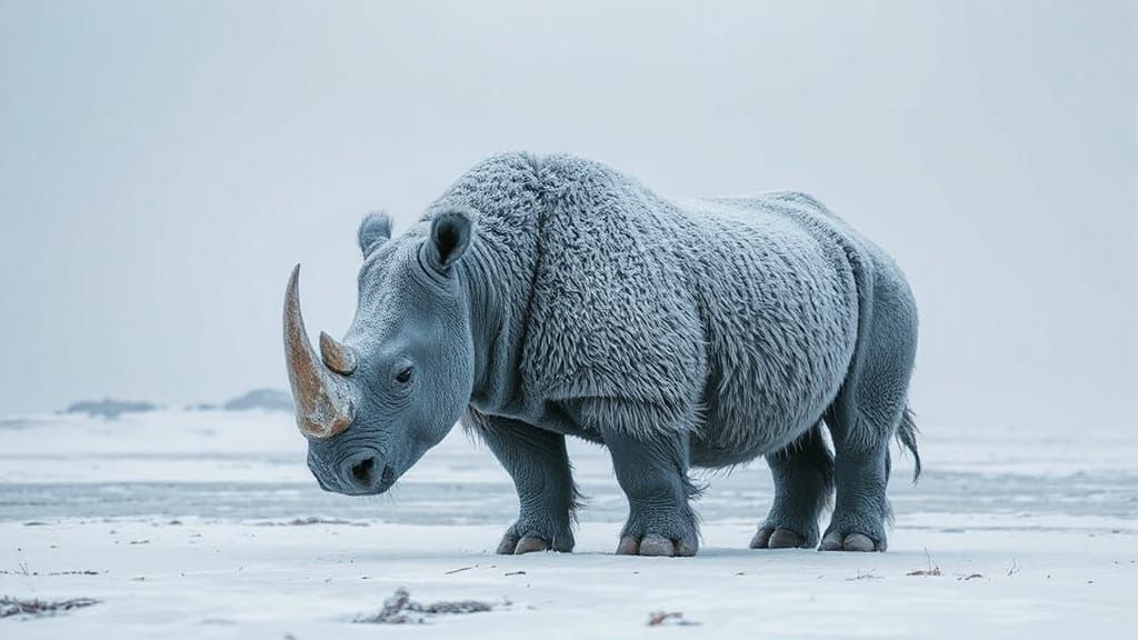 Icy Woolly Rhinoceros on Frozen Tundra