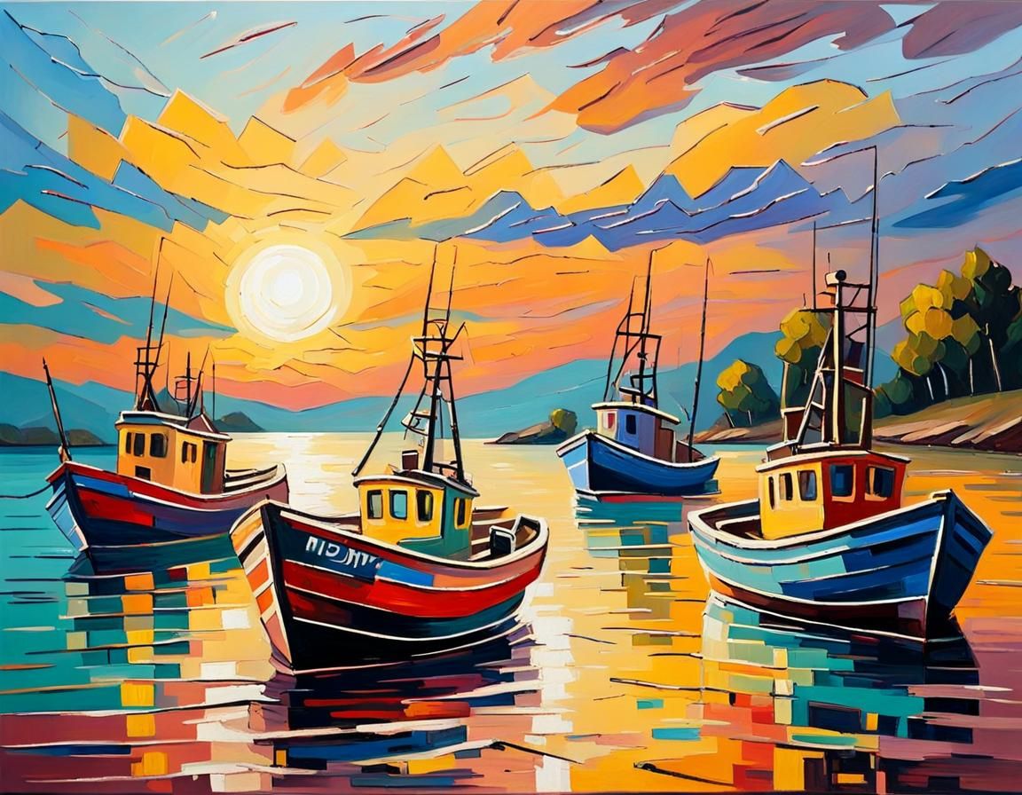 Fishing Boats at Sunset: A Neo-Impressionist Oil Painting