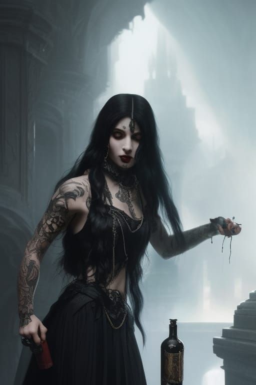 Gothic Girl with Poison Bottle, Dark Fantasy Art