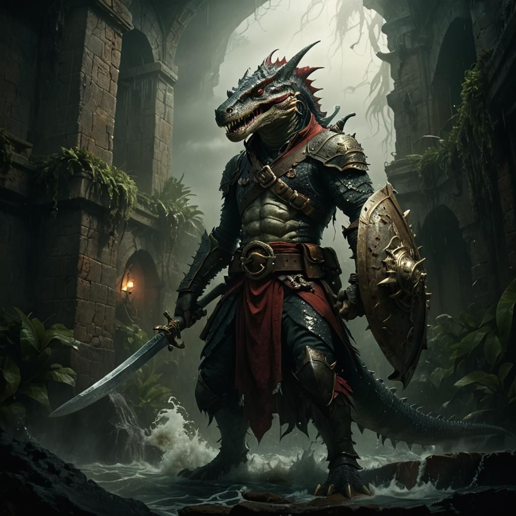 Lizardman Pirate Poet Confronts Crashing Wave in Dark Fantas...