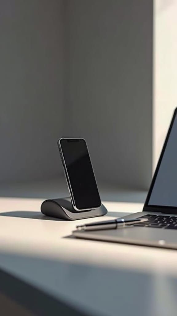 iPhone and Laptop Setup with Elegant Pen - 8K Wallpaper