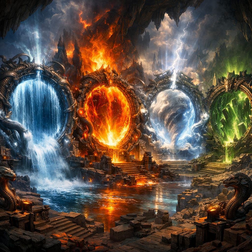 Ancient Serpentfolk Elemental Gates in Dark Fantasy Concept ...
