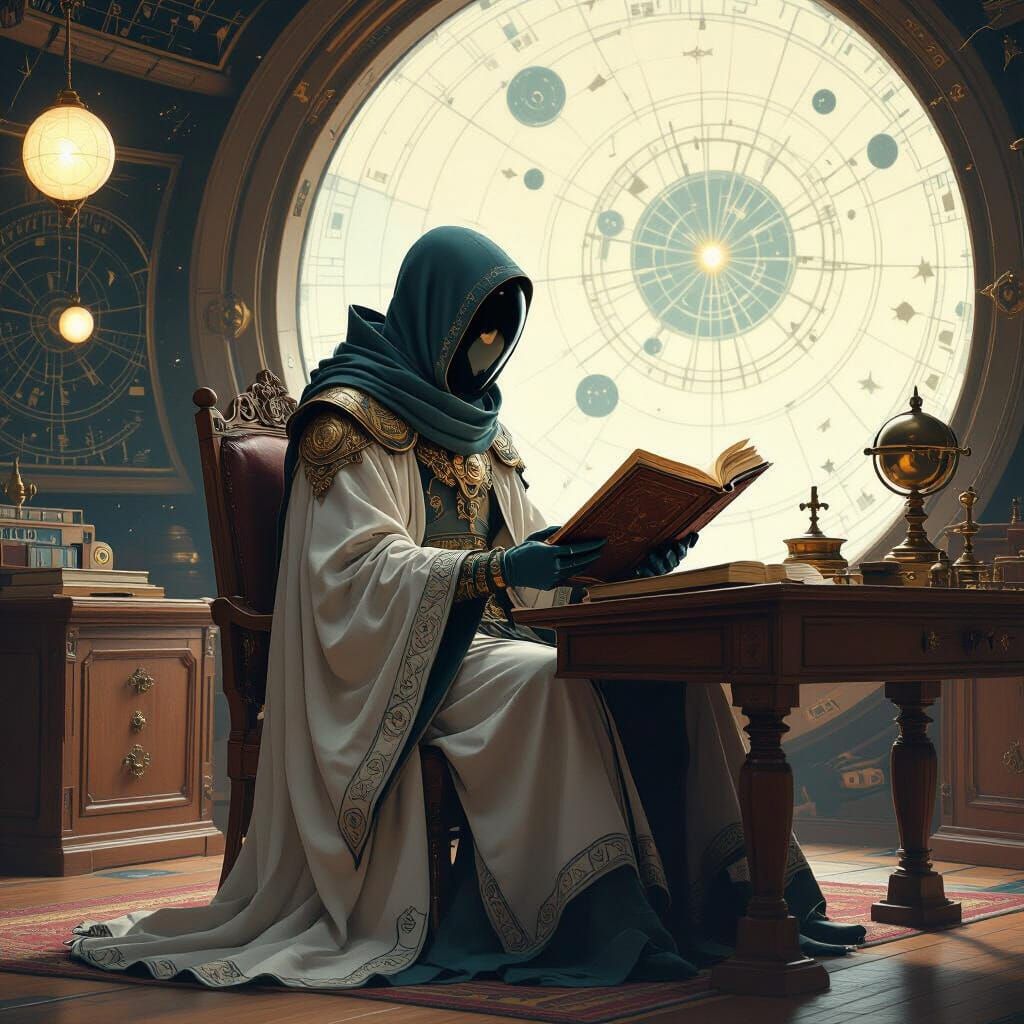 Alien Scholar Studies Tome in Star-Dusted Observatory