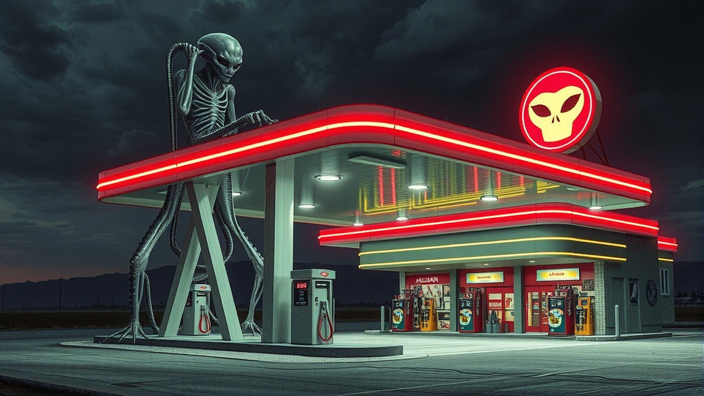 Surreal Alien Gas Station with Tendons