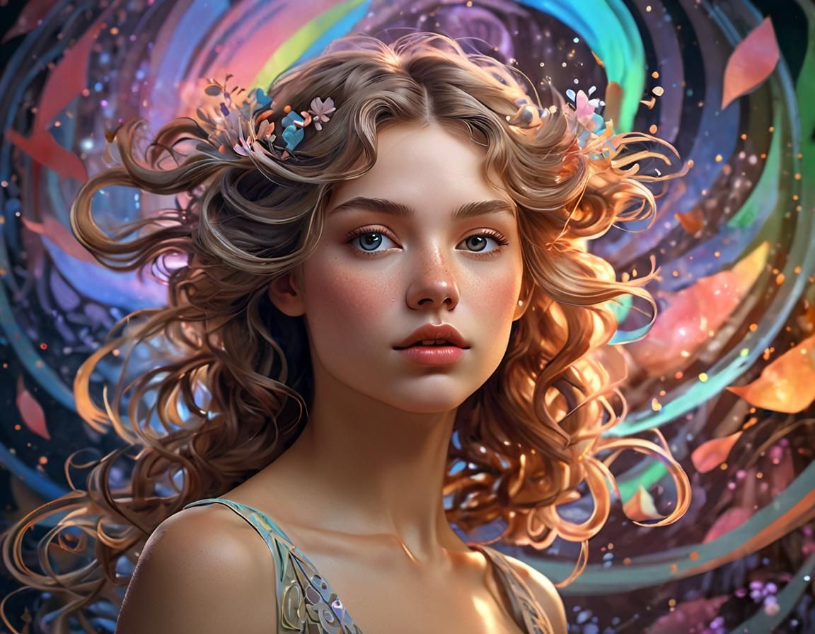 Petal Haired Woman Portrait with Aurora, Digital Art