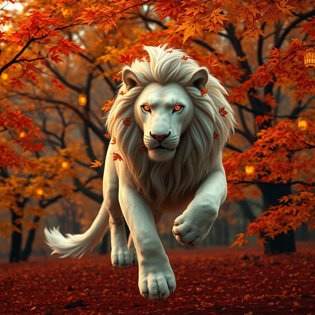 Levitating Autumn Lion in Anime Style