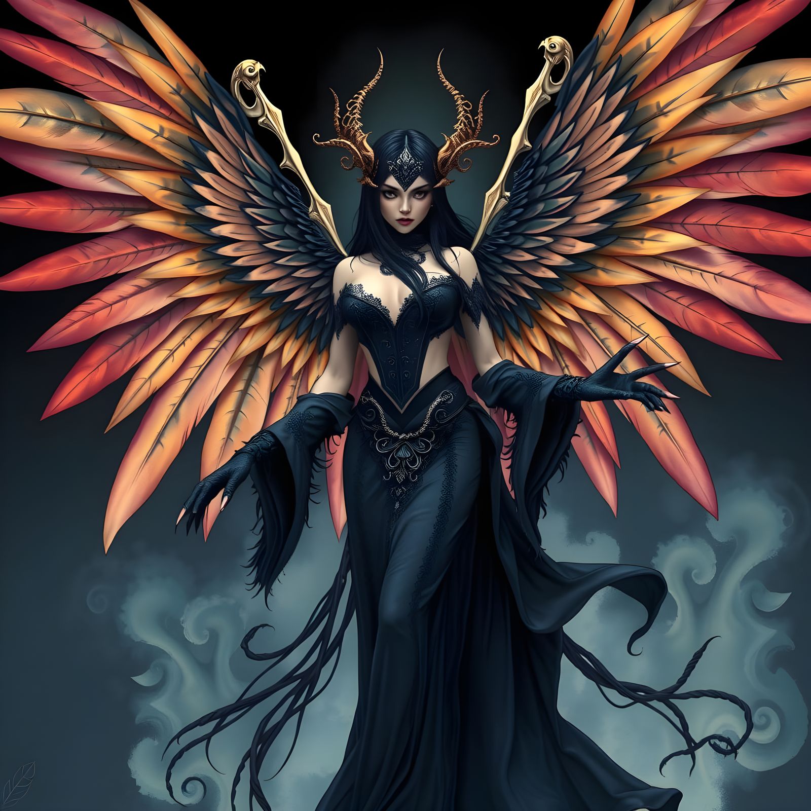 Gothic Harpie Spreads Ombre Wings in Dark Fantasy Anime Styl...