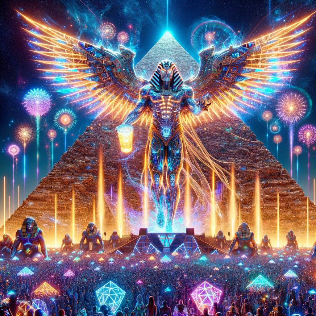 Cyberpunk Goddess Reigns Over Futuristic Giza Pyramid Rave