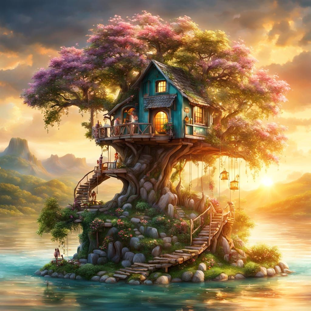 Miniature Treehouse Amidst Tropical Oasis in Golden Sunset