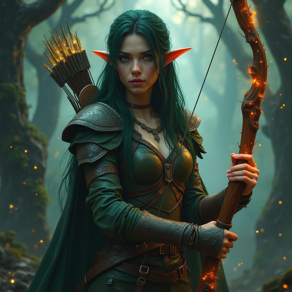 Ethereal Dark Elf Ranger in Ancient, Mystical Forest