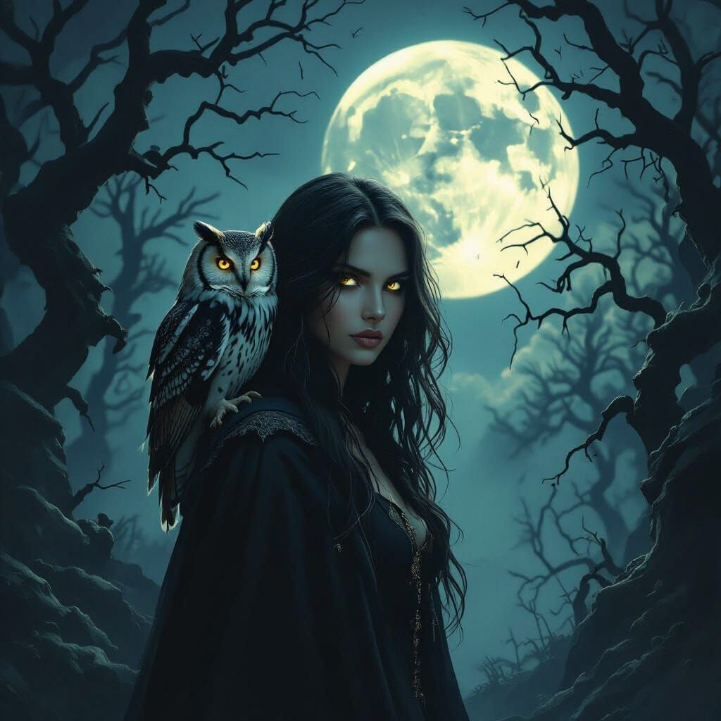 Mysterious Woman and Owl in Moonlit Ancient Forest