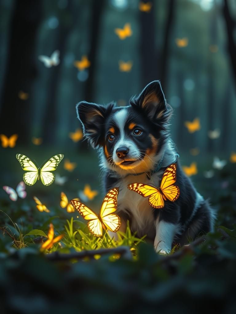 Border Collie Puppy with Bioluminescent Butterflies