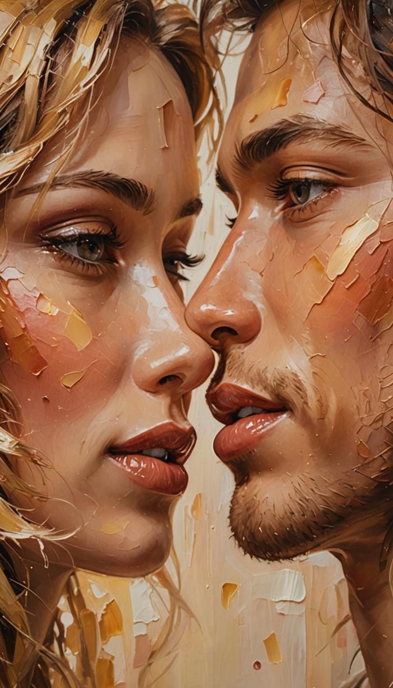 Romantic Couple Kiss in Oil Painting with Impasto Texture