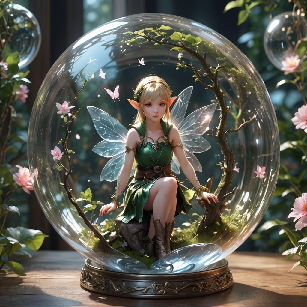 Fairy Elf in Glass Sphere: 3D Anime Art