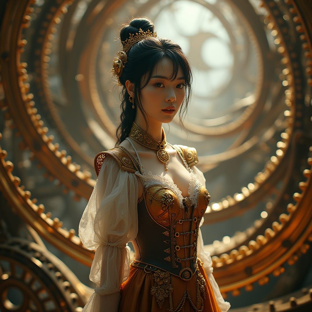 Steampunk Goddess Amidst Whirling Clockwork