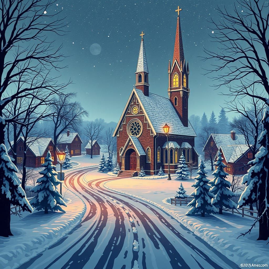 Gothic Church in Winter, Screen Print Style