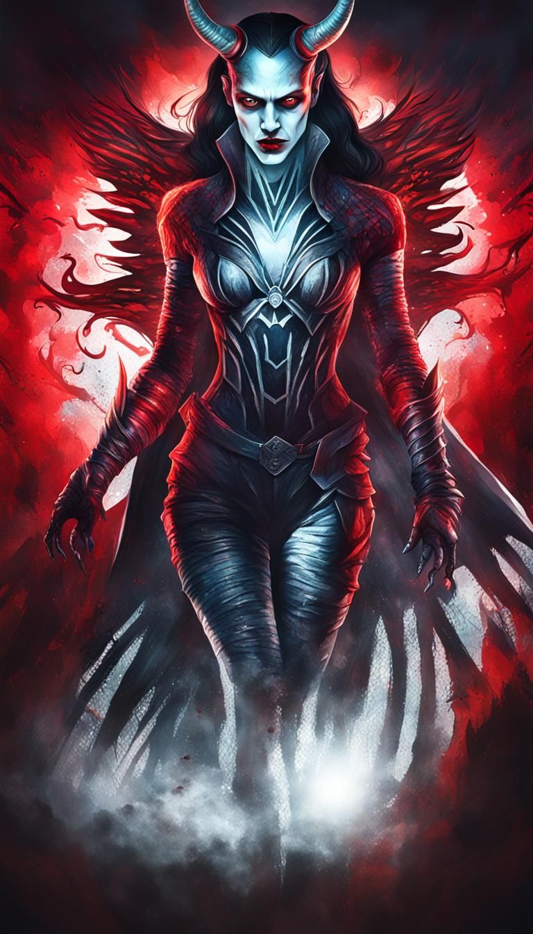 Devil Woman Portrait in Aggressive Digital Noir Style