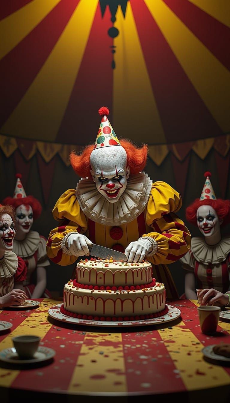 Grotesque Clown Cuts Horrific Birthday Cake in Circus Tent