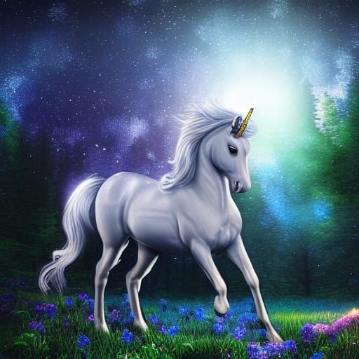 Iridescent Unicorn in Galactic Moonlight Nightscape