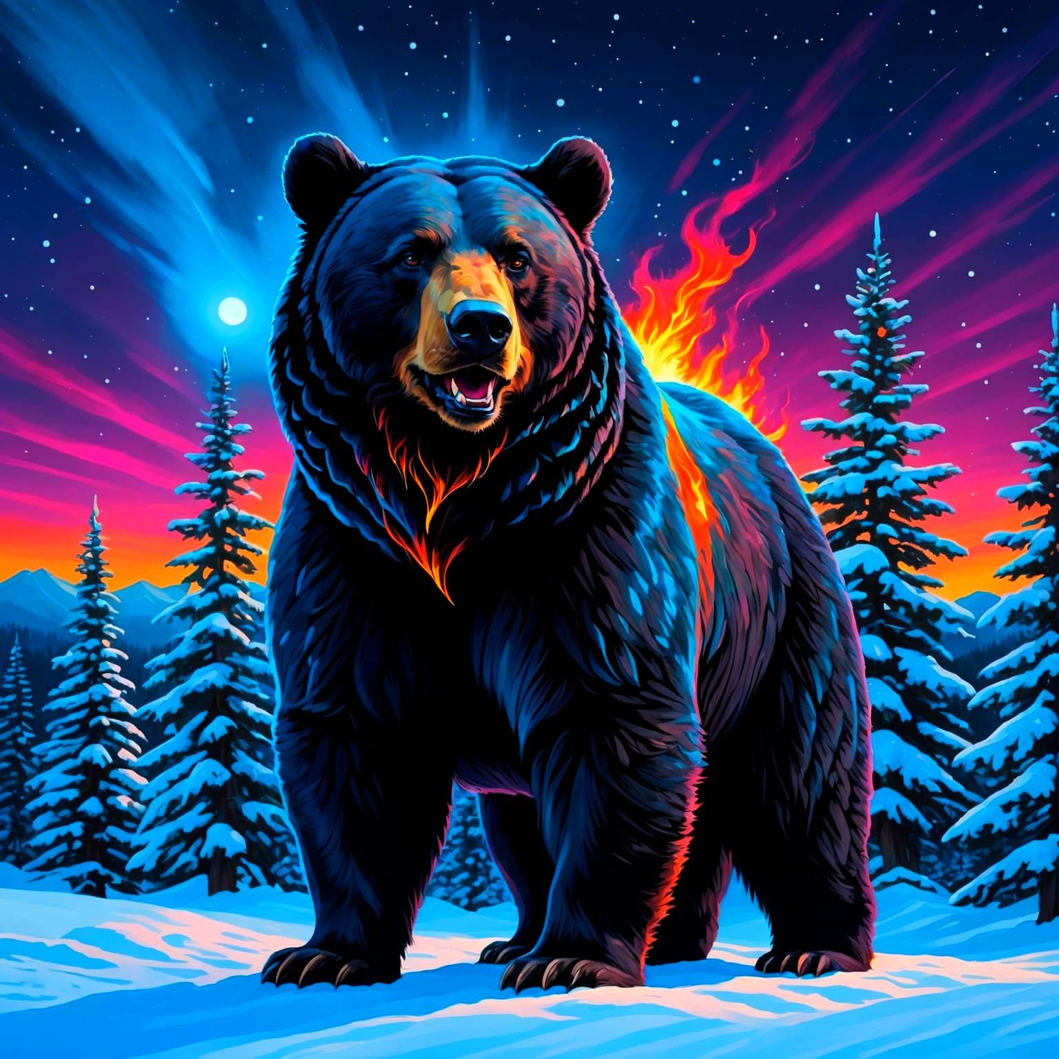 Mystical Black Bear Christmas Night in Synthwave Style