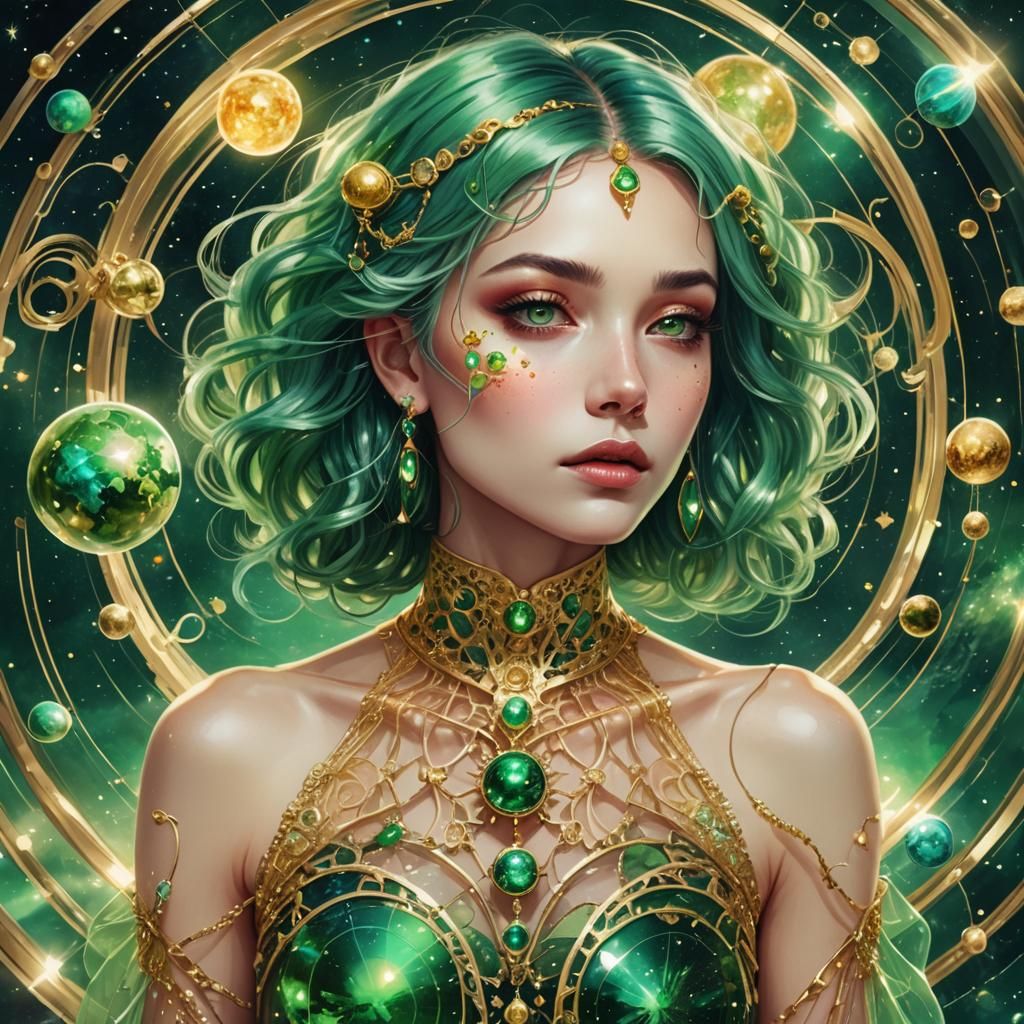 Woman in Glass Dress with Planets Background