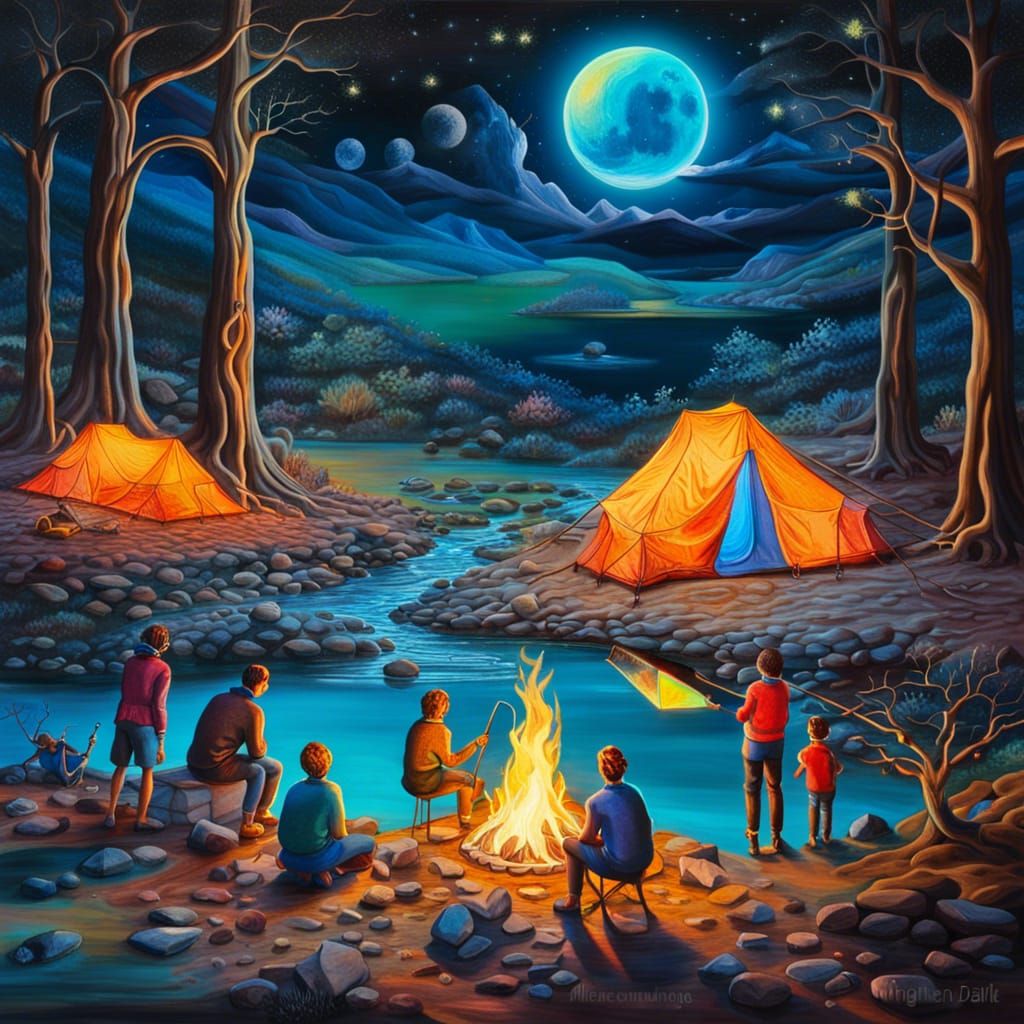 Family Camping Under a Cosmic Moon: Surreal Illustration
